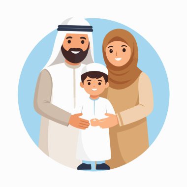 Aile portresi gülümseyen bir Arap baba ve çocuğunun mavi bir çember içinde olduğunu gösteriyor.