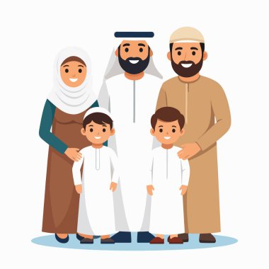 Aile sahnesinde geleneksel kıyafetlerle gülümseyen Müslüman bir aile görülüyor.