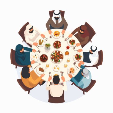 Aile, sıcak bir ortamda toplu bir yemek için yuvarlak bir masanın etrafında toplanır.