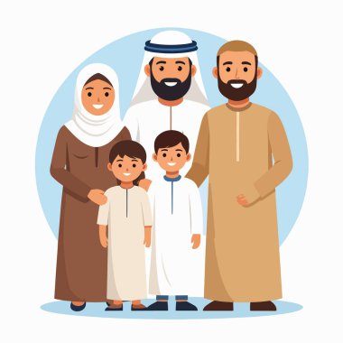 Arap aile portresi geleneksel giysiler içinde gülümseyerek ve birleşerek gösterilir.