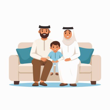 Orta Doğulu bir aile, sıcak bir karikatür oturma odasında geleneksel giysiler içinde bir kanepede oturur.