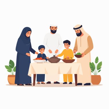 Arap ailesi yemek yapmak ve sıcak bir ev sahnesinde aileleri ve çocuklarıyla birlikte yemek yemek için masanın etrafında toplanır.