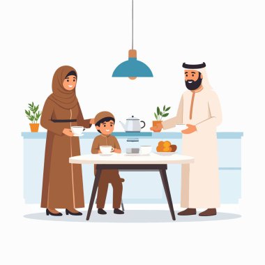 Aile, aydınlık bir mutfakta anne ve çocukla çayı paylaşır.