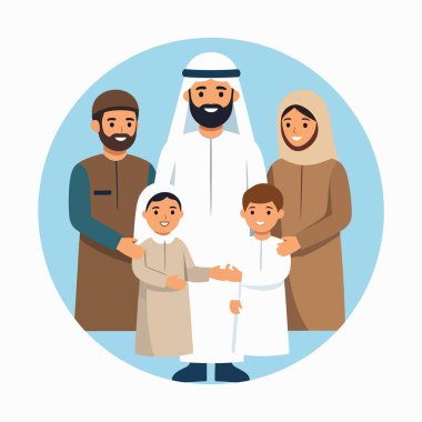 Aile sahnesinde bir baba ve iki çocuk geleneksel elbiseli bir adamla birlikte gülümsüyor.