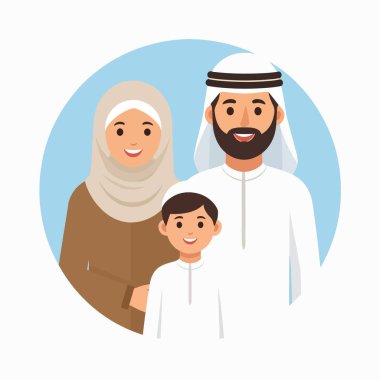 Arap bir ailenin tesettürlü bir kadınla aile portresi. Sakallı bir adam ve gülümseyen bir çocuk.