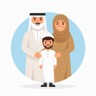 Aile, geleneksel Arap kıyafetleriyle aile resmedilmiş yumuşak dairesel bir zemin üzerinde birlikte poz vermişler.