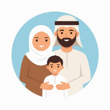 Aile sahnesinde, Müslüman bir Arap aile, mavi bir arkaplanda birlikte gülümsüyor.