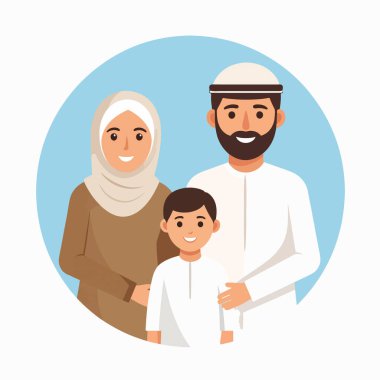 Müslüman aile portresi, gülümseyen bir anne baba ve çocuğun mavi dairesel arka planda olduğunu gösteriyor.