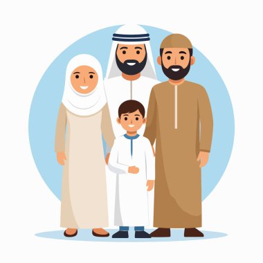 Aile dostu, sıcak bir Arap aile portresi. Anne baba ve çocuğun geleneksel elbiseleriyle, sıcaklığı ve birlikteliği gösteriyor.