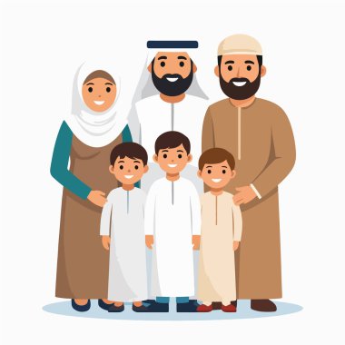 Arap aile portresi geleneksel kıyafet giymiş gülümseyen bir grubu gösteriyor.