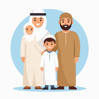 Geleneksel giysiler içinde gülümseyen bir Arap ailesinin aile portresi dairesel bir arka planda birlikte poz verdi.