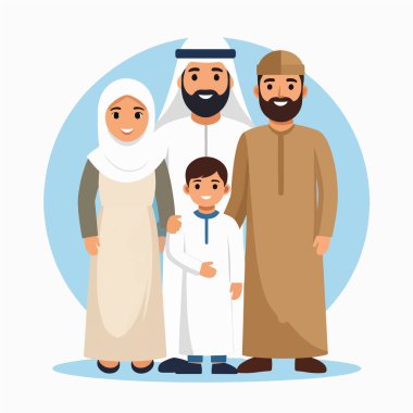 Geleneksel giyinmiş gülümseyen bir Arap ailesinin aile portresi açık mavi bir zemine karşı.