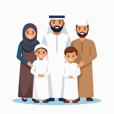 Geleneksel giyinmiş Müslüman bir ailenin aile portresi bir arada duruyor.