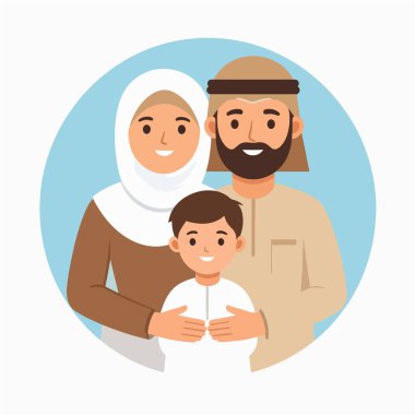 Aile çizelgesine göre tesettür giymiş bir anne sakallı bir baba ve gülümseyen bir oğul yumuşak mavi bir çember arka planda.