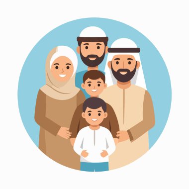 Müslüman aile portresi sıcak, yuvarlak mavi bir sahnede ebeveynler ve çocuklar yer alıyor.