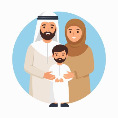 Açık mavi arka planda geleneksel giyinmiş bir Arap baba ve oğlunun aile portresi.