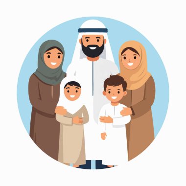 Aile çizimleri, gururlu bir Arap ailesinin geleneksel elbiseler içinde bir arada durduğunu gösteriyor.