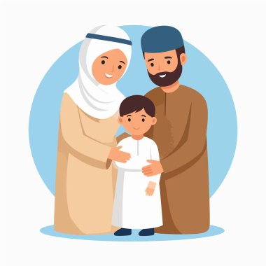 Müslüman aile portresi gülümseyen anne ve çocuğu birlikte gösteriyor.
