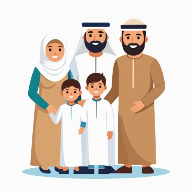 Aile portresi geleneksel bir Arap ailesinin cübbe içinde birlikte gülümsediğini gösteriyor.