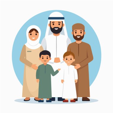 Aile grubu geleneksel giyinmiş bir Orta Doğulu aileyi birlikte poz verirken gösteriyor.