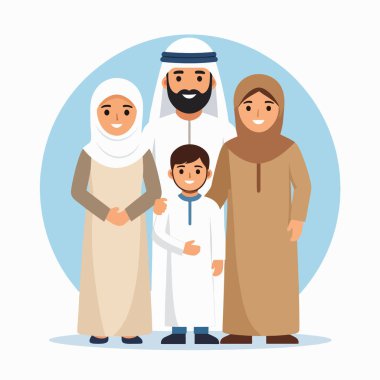 Geleneksel kıyafetlerle gülümseyen Müslüman bir Arap ailenin aile portresi.