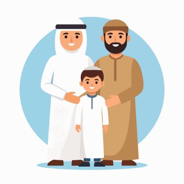 Geleneksel giyinmiş üç kişilik aile bir arada gülümseyerek duruyor.