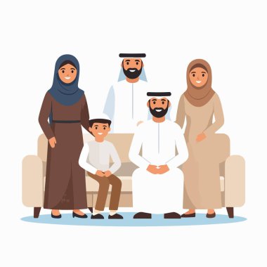 Aile portresi, beş kişilik Arap bir ailenin bir salonda bir araya gelerek birlikte gülümsediğini gösteriyor.