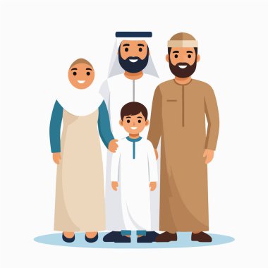 Aile, geleneksel giysiler içinde gülümseyerek poz verir.