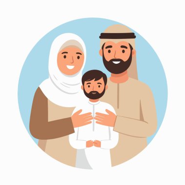 Çember şeklinde mavi bir resimde çocuklu Müslüman bir aile, sevgi ve birlikteliği gösteriyor.
