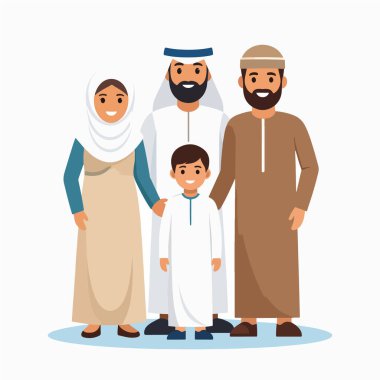 Geleneksel giysiler içinde Arap aile portresi basit bir ortamda gülümsüyor.