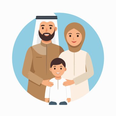 Aile portresi, anne ve çocuğun geleneksel Arap giysileri içinde yumuşak mavi bir arka plana karşı.