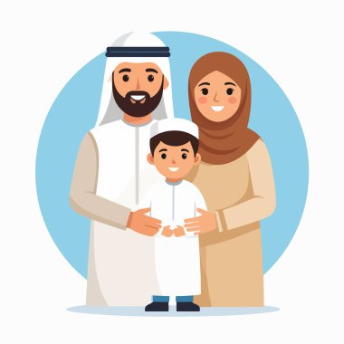 Arap aile portresi geleneksel elbise içinde gülümseyen ebeveynler ve çocuk içeriyor
