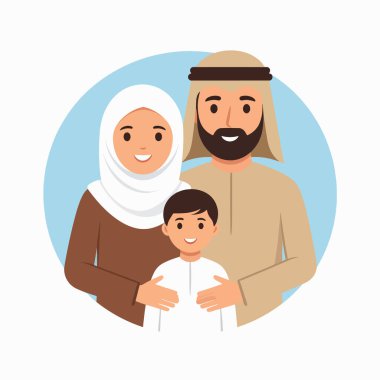 Bir anne ve çocuğun Müslüman aile portresi sıcak bir arka planda birlikte gülümsüyor.