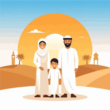 Aile ve oğul, güneşli bir çöl manzarasında, kum tepeleri ve uzak palmiye ağaçlarıyla birlikte dururlar.