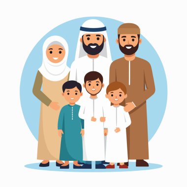 Aile portresi, geleneksel giysiler içinde yetişkinler ve çocukların sıcak ve birleşik bir poz oluşturmalarını içeriyor.