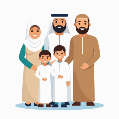 Geleneksel giysiler içinde gülümseyen Arap bir ailenin aile portresi.