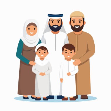 Geleneksel elbiseli aile Müslümanları sıcak bir grup portresinde gülümseyerek bir arada duruyorlar.