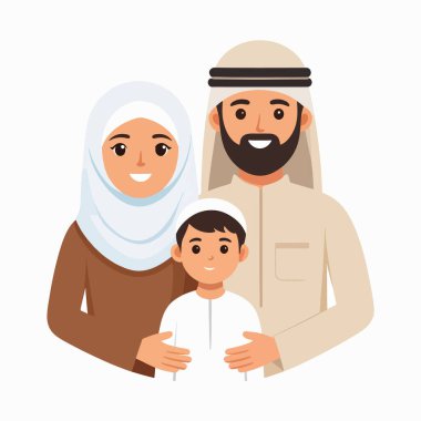 Aile portresi, tesettürlü gülümseyen bir anneyi geleneksel giyinmiş bir babayı ve sıcak bir sahnede genç bir oğlanı gösteriyor.