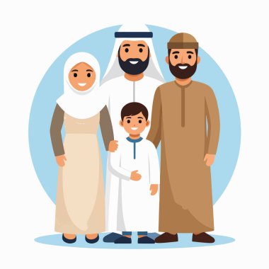 Geleneksel giysiler içinde dört kişilik aile grubu, yumuşak mavi bir zemine karşı