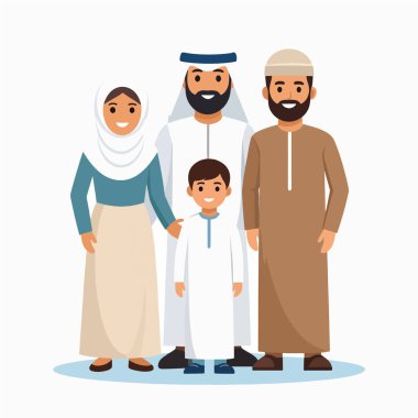 Aile grubu geleneksel elbiseli bir anne ve çocuğu birlikte gülümserken gösteriyor.