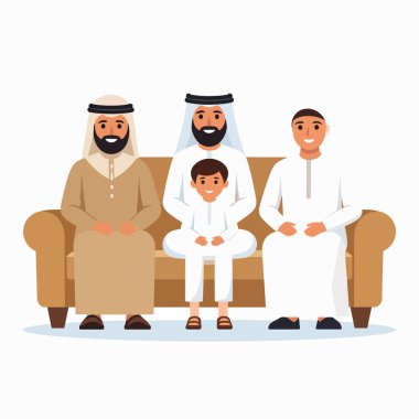 Aile Arap Grubu rahat bir oturma odasında geleneksel kıyafetler giyerek bir koltukta oturur.
