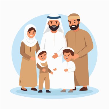 Arap ailesi sıcak bir aile portresi için geleneksel giysiler içinde bir arada duruyorlar.