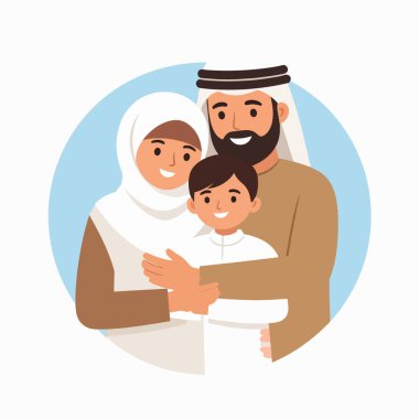 Aile Arap ailesi ve çocuk yumuşak renklerle sıcak bir çizgi film sahnesinde birlikteliği ve aşkı ön plana çıkarıyor.