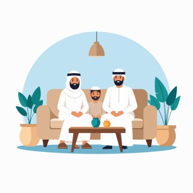 Aile, sakin bir oturma odasındaki kanepede geleneksel bir elbise giyerek birlikte oturur.