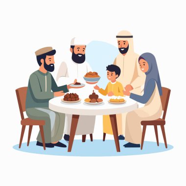 Aile yuvarlak bir masanın etrafında toplanmış çeşitli geleneksel yemekleri paylaşıyor ve gülümsüyor.