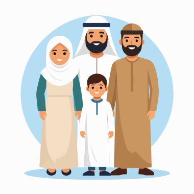 Aile portresi, geleneksel giyinmiş farklı Arap bir ailenin mavi dairesel bir zemin üzerinde yan yana durduğunu gösteriyor.