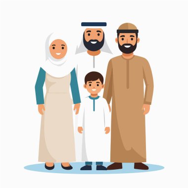 Geleneksel kıyafetlerle bir arada duran Müslüman bir ailenin aile portresi