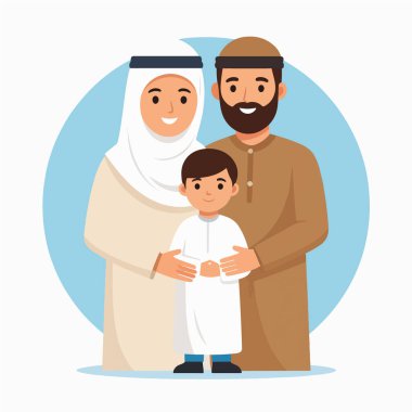 Müslüman bir anne ve oğlanın geleneksel kıyafetlerini gösteren aile portresi.