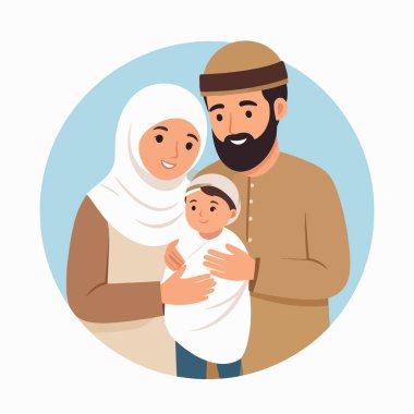 Aile portreleri, bebeğiyle sevecen bir çiftin dairesel çizimlerini gösteriyor.