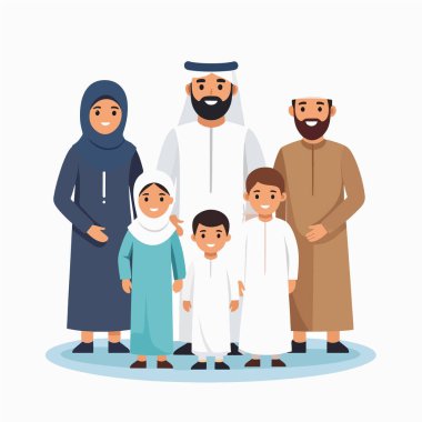 Aile portresi, geleneksel giyinmiş çok nesilli Müslüman bir aileyi açık bir arkaplanda birlikte poz verirken gösteriyor.